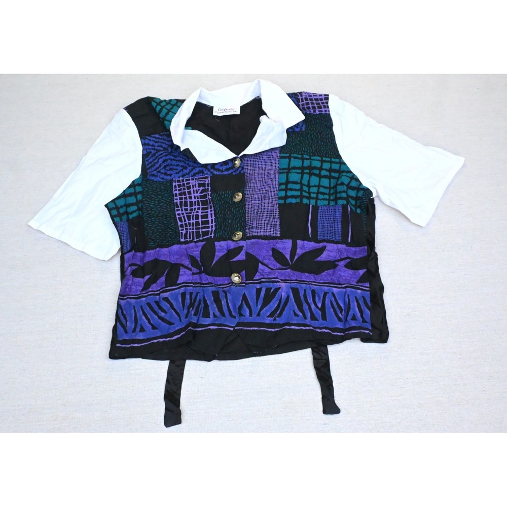 California Connection Vintage 90s Womens Patchwork Vest Blouse Black White